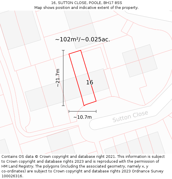 16, SUTTON CLOSE, POOLE, BH17 8SS: Plot and title map