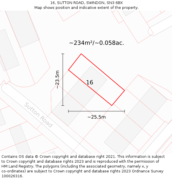 16, SUTTON ROAD, SWINDON, SN3 6BX: Plot and title map