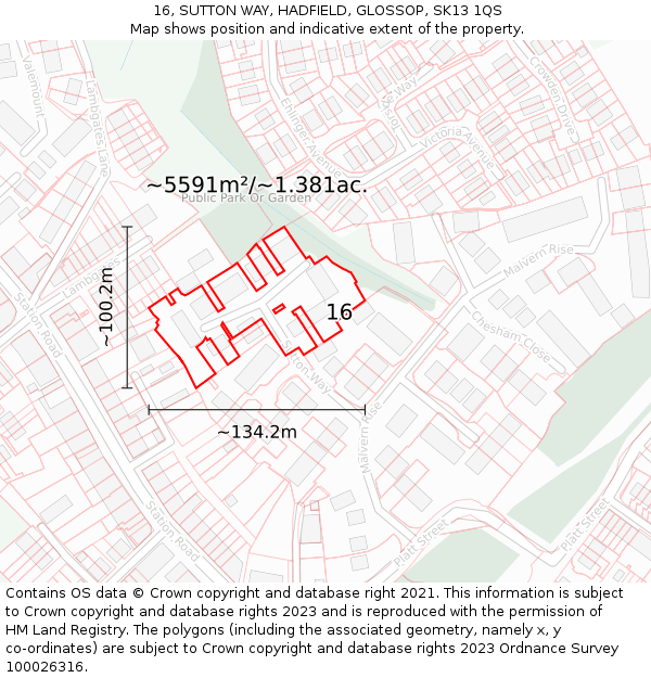16, SUTTON WAY, HADFIELD, GLOSSOP, SK13 1QS: Plot and title map