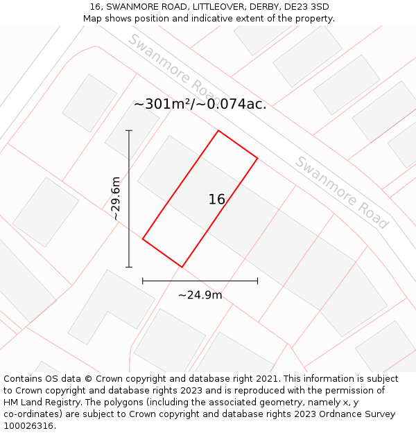 16, SWANMORE ROAD, LITTLEOVER, DERBY, DE23 3SD: Plot and title map