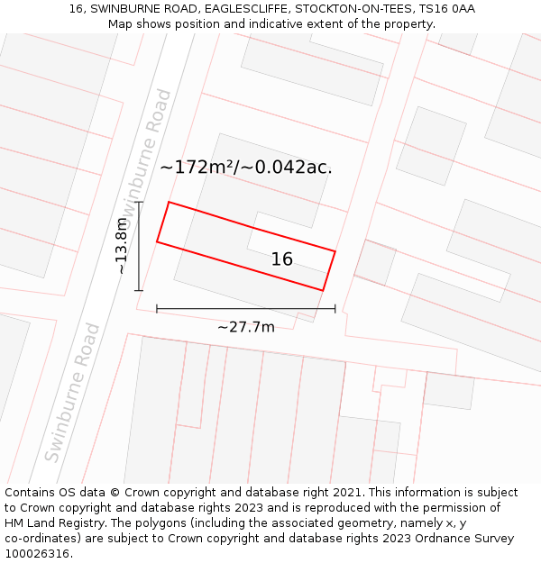 16, SWINBURNE ROAD, EAGLESCLIFFE, STOCKTON-ON-TEES, TS16 0AA: Plot and title map