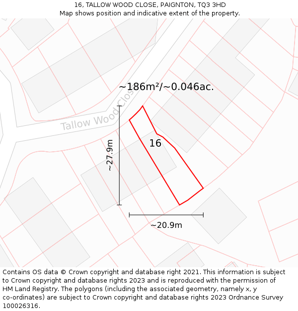 16, TALLOW WOOD CLOSE, PAIGNTON, TQ3 3HD: Plot and title map