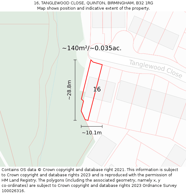 16, TANGLEWOOD CLOSE, QUINTON, BIRMINGHAM, B32 1RG: Plot and title map