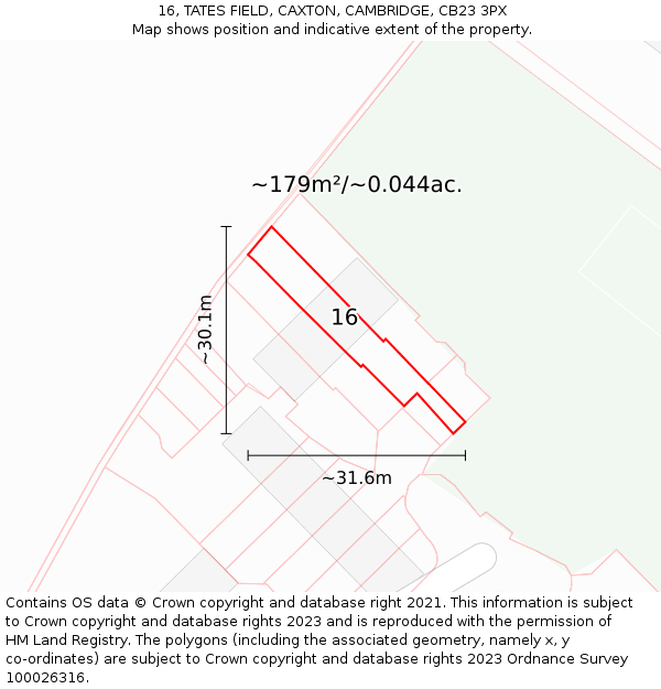 16, TATES FIELD, CAXTON, CAMBRIDGE, CB23 3PX: Plot and title map