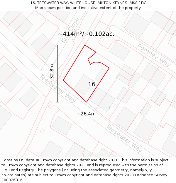 16, TEESWATER WAY, WHITEHOUSE, MILTON KEYNES, MK8 1BG: Plot and title map