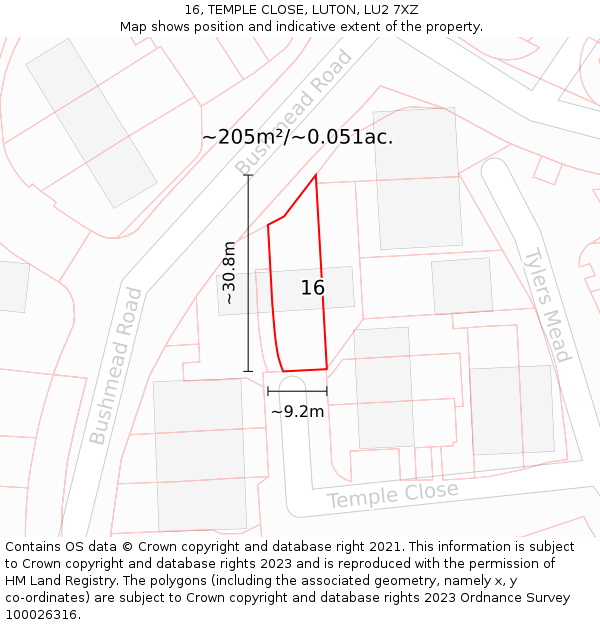 16, TEMPLE CLOSE, LUTON, LU2 7XZ: Plot and title map