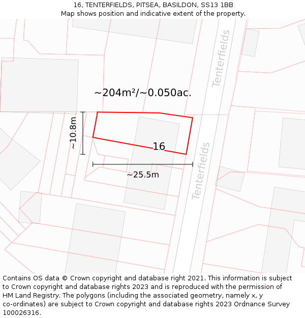 16, TENTERFIELDS, PITSEA, BASILDON, SS13 1BB: Plot and title map