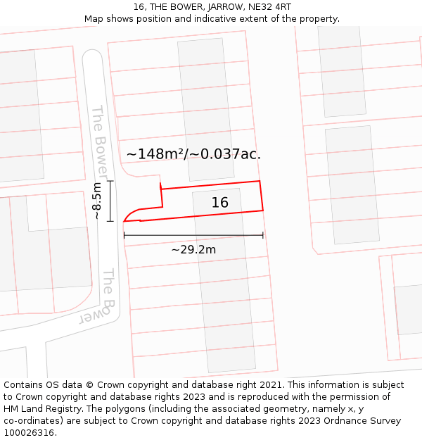 16, THE BOWER, JARROW, NE32 4RT: Plot and title map