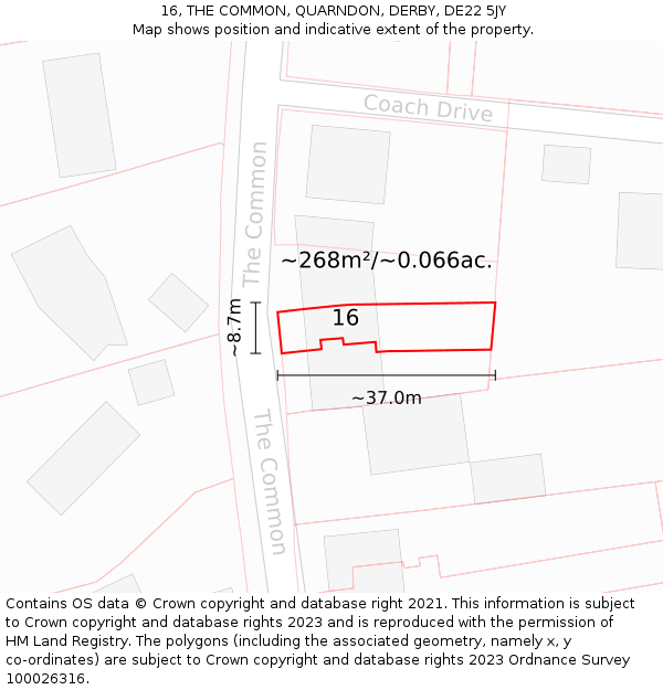 16, THE COMMON, QUARNDON, DERBY, DE22 5JY: Plot and title map