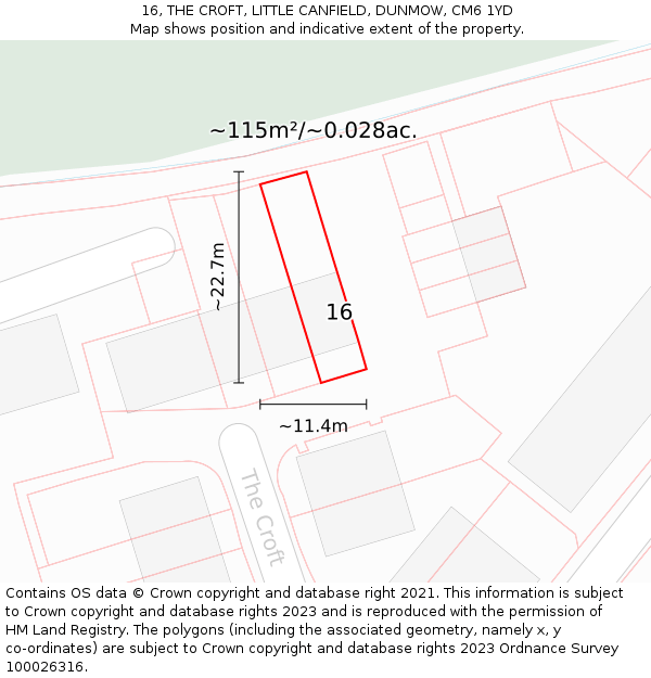 16, THE CROFT, LITTLE CANFIELD, DUNMOW, CM6 1YD: Plot and title map