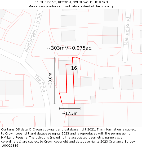 16, THE DRIVE, REYDON, SOUTHWOLD, IP18 6PN: Plot and title map