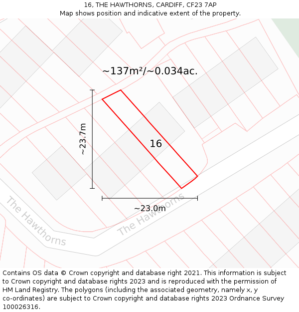 16, THE HAWTHORNS, CARDIFF, CF23 7AP: Plot and title map