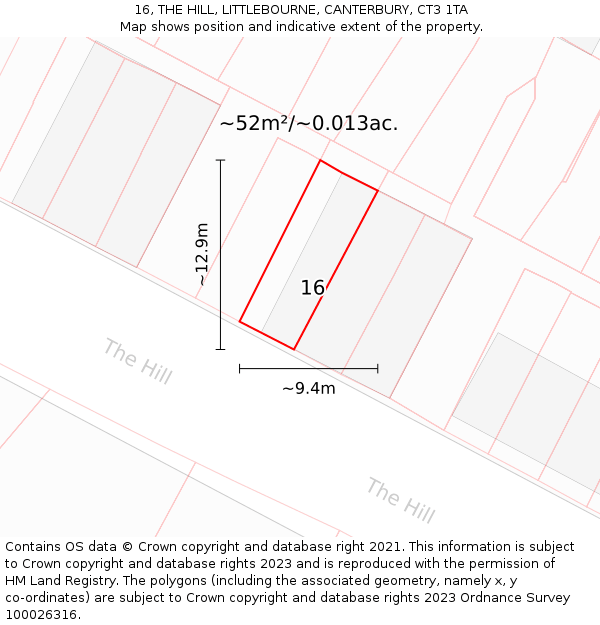 16, THE HILL, LITTLEBOURNE, CANTERBURY, CT3 1TA: Plot and title map