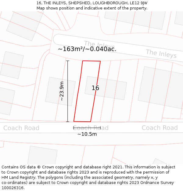 16, THE INLEYS, SHEPSHED, LOUGHBOROUGH, LE12 9JW: Plot and title map