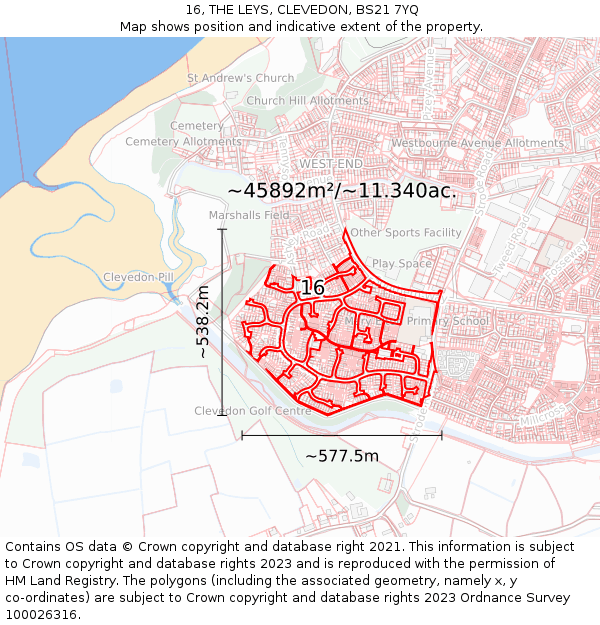 16, THE LEYS, CLEVEDON, BS21 7YQ: Plot and title map