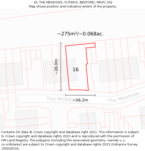 16, THE MEADOWS, FLITWICK, BEDFORD, MK45 1XQ: Plot and title map