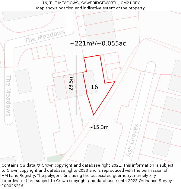 16, THE MEADOWS, SAWBRIDGEWORTH, CM21 9PY: Plot and title map