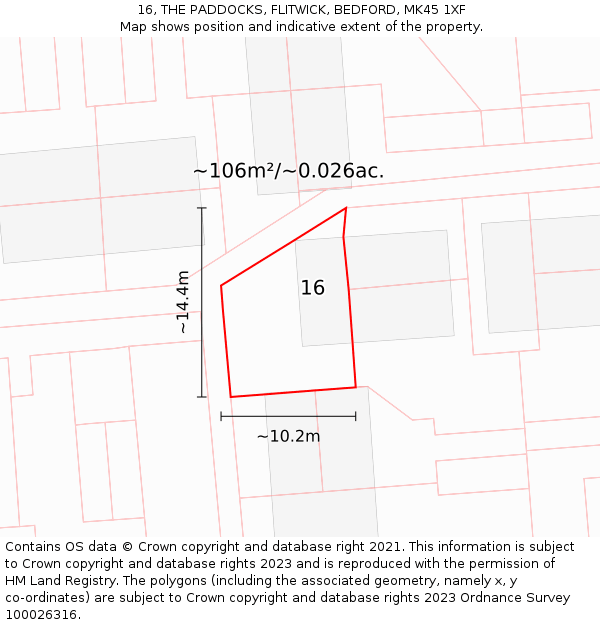 16, THE PADDOCKS, FLITWICK, BEDFORD, MK45 1XF: Plot and title map