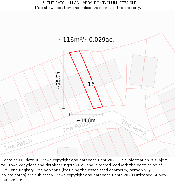 16, THE PATCH, LLANHARRY, PONTYCLUN, CF72 9LF: Plot and title map