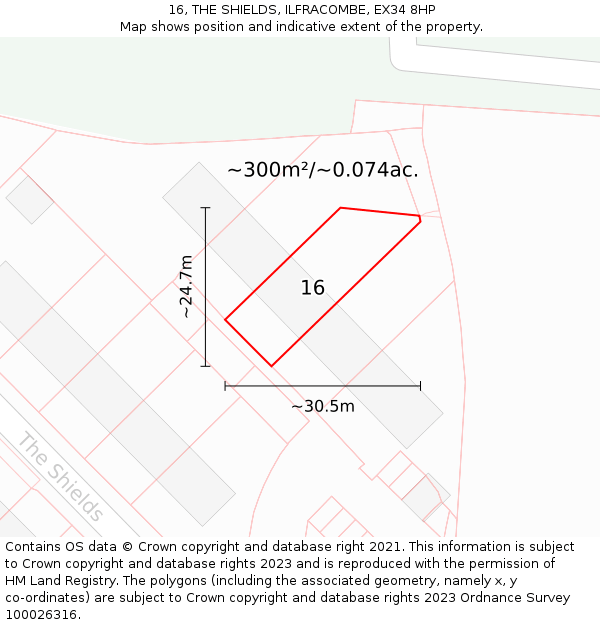 16, THE SHIELDS, ILFRACOMBE, EX34 8HP: Plot and title map