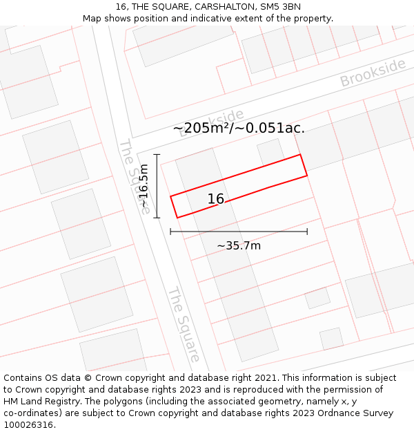 16, THE SQUARE, CARSHALTON, SM5 3BN: Plot and title map
