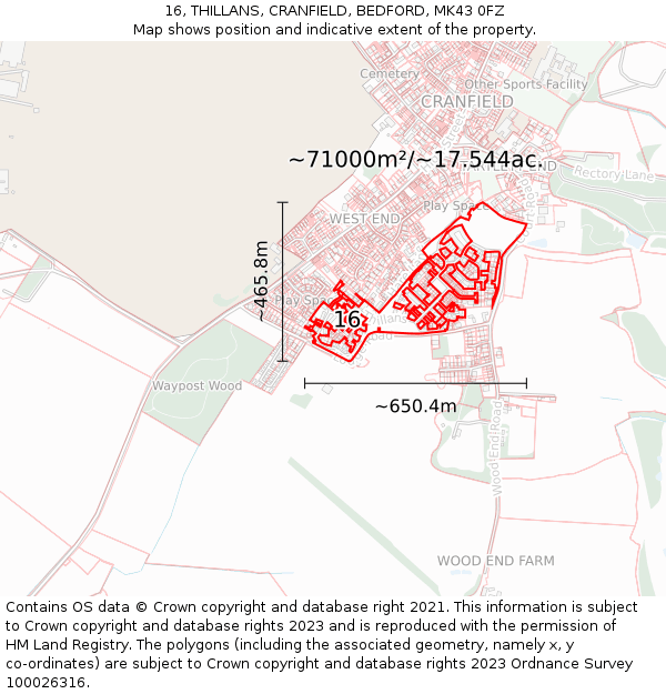 16, THILLANS, CRANFIELD, BEDFORD, MK43 0FZ: Plot and title map