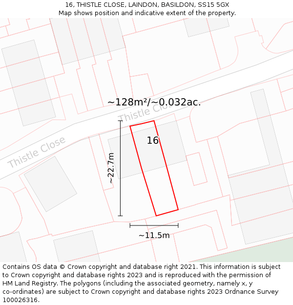 16, THISTLE CLOSE, LAINDON, BASILDON, SS15 5GX: Plot and title map
