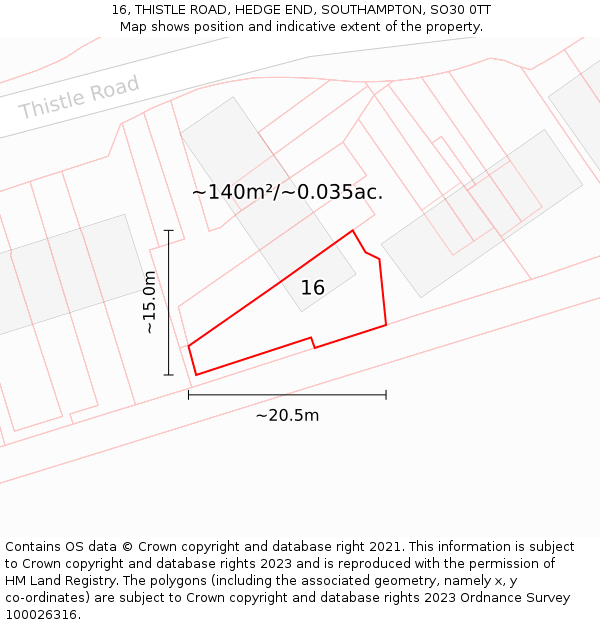 16, THISTLE ROAD, HEDGE END, SOUTHAMPTON, SO30 0TT: Plot and title map
