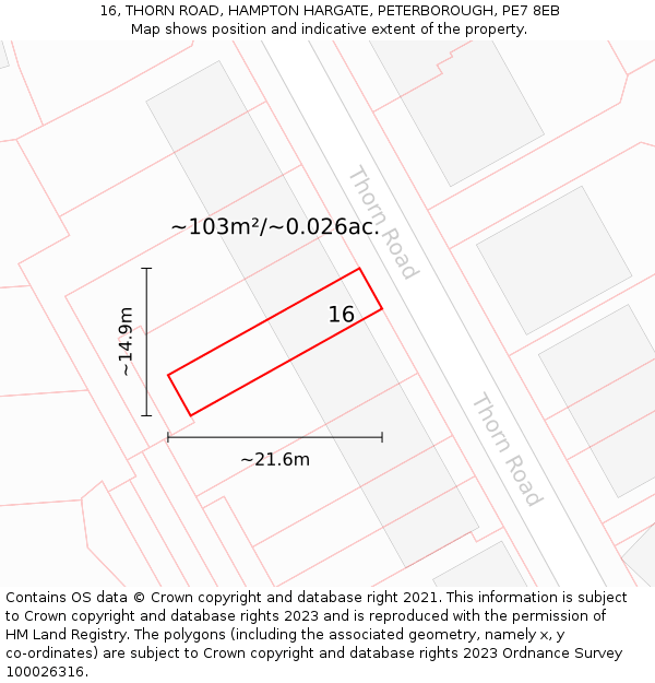 16, THORN ROAD, HAMPTON HARGATE, PETERBOROUGH, PE7 8EB: Plot and title map