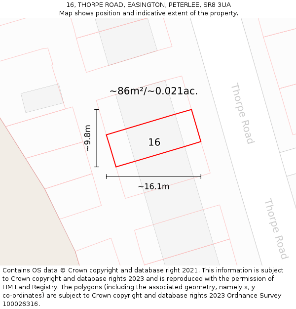 16, THORPE ROAD, EASINGTON, PETERLEE, SR8 3UA: Plot and title map