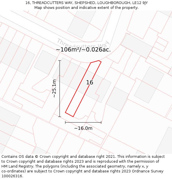 16, THREADCUTTERS WAY, SHEPSHED, LOUGHBOROUGH, LE12 9JY: Plot and title map