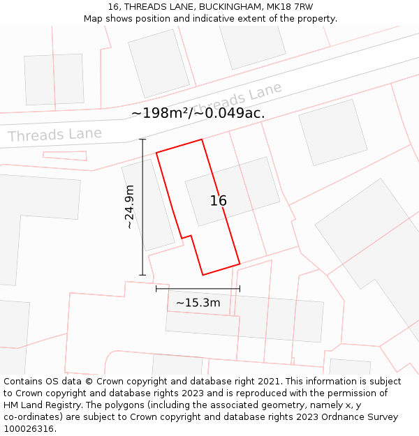 16, THREADS LANE, BUCKINGHAM, MK18 7RW: Plot and title map