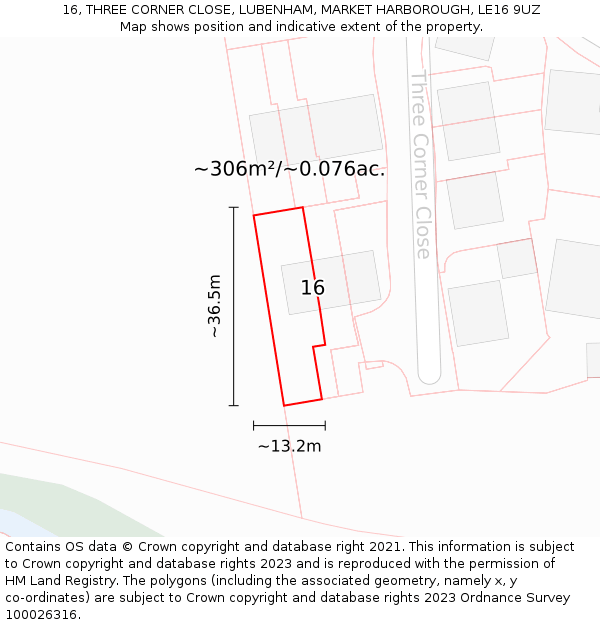 16, THREE CORNER CLOSE, LUBENHAM, MARKET HARBOROUGH, LE16 9UZ: Plot and title map