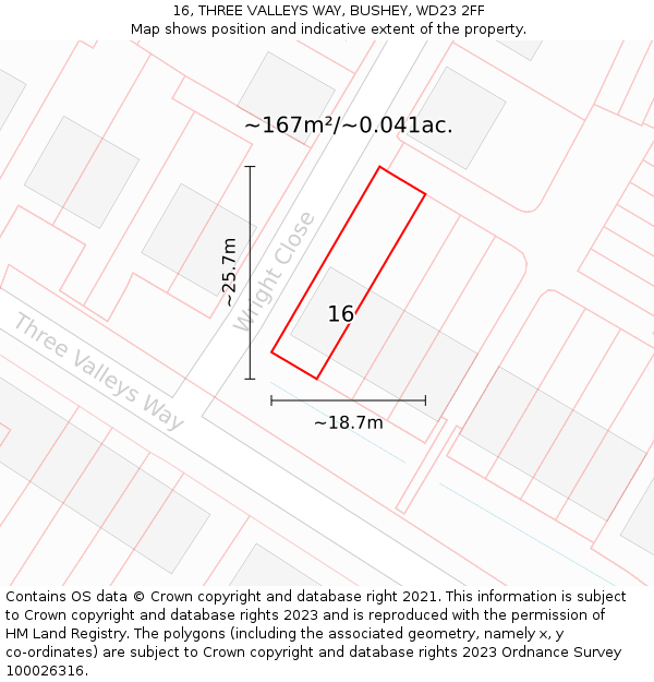 16, THREE VALLEYS WAY, BUSHEY, WD23 2FF: Plot and title map