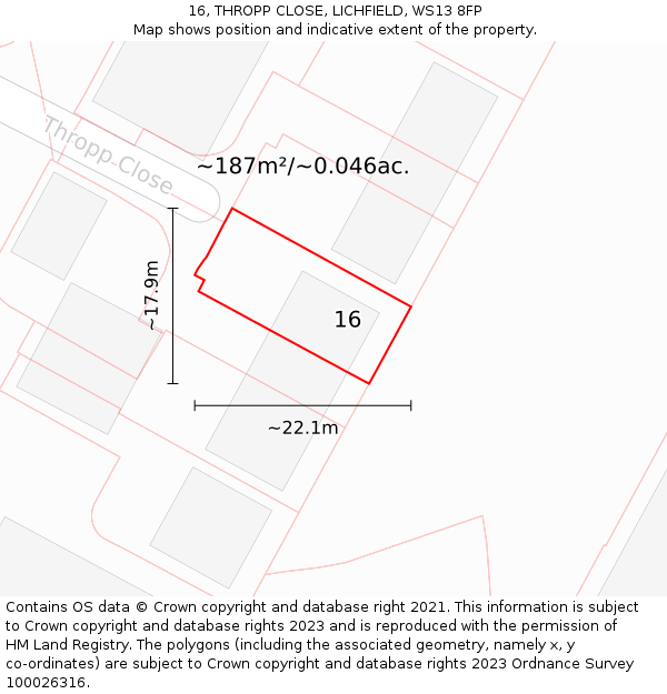 16, THROPP CLOSE, LICHFIELD, WS13 8FP: Plot and title map