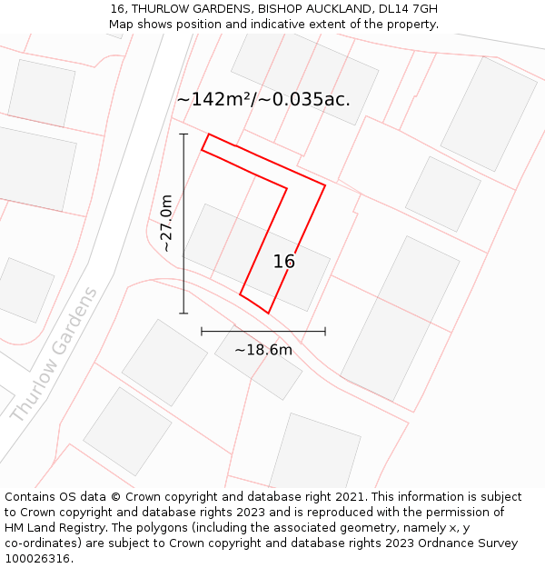 16, THURLOW GARDENS, BISHOP AUCKLAND, DL14 7GH: Plot and title map