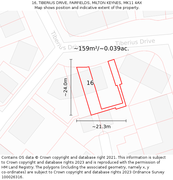 16, TIBERIUS DRIVE, FAIRFIELDS, MILTON KEYNES, MK11 4AX: Plot and title map