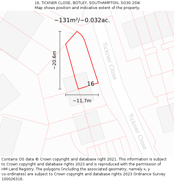 16, TICKNER CLOSE, BOTLEY, SOUTHAMPTON, SO30 2SW: Plot and title map