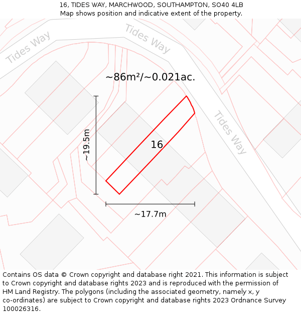 16, TIDES WAY, MARCHWOOD, SOUTHAMPTON, SO40 4LB: Plot and title map