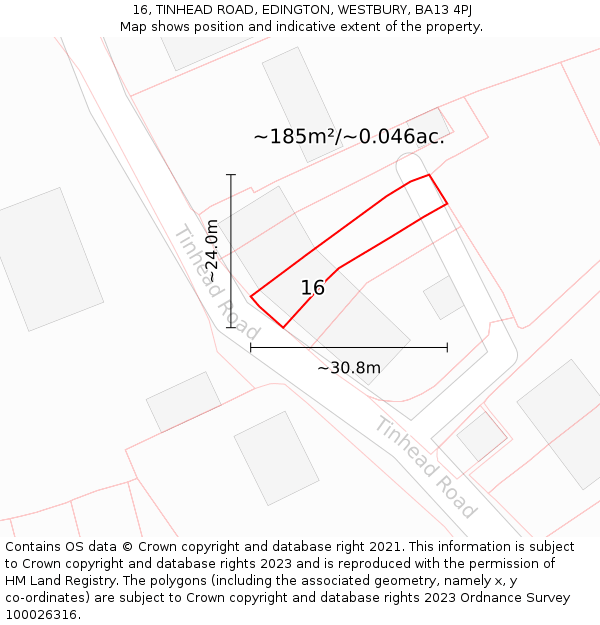 16, TINHEAD ROAD, EDINGTON, WESTBURY, BA13 4PJ: Plot and title map