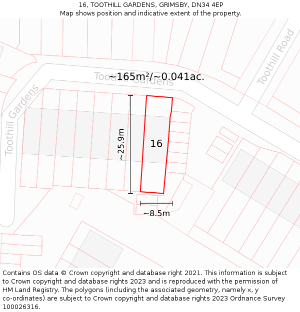 16, TOOTHILL GARDENS, GRIMSBY, DN34 4EP: Plot and title map
