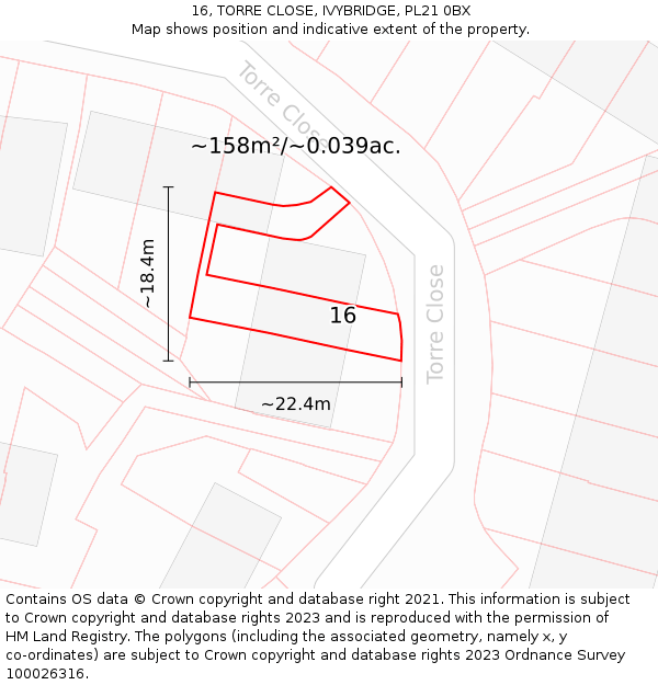 16, TORRE CLOSE, IVYBRIDGE, PL21 0BX: Plot and title map