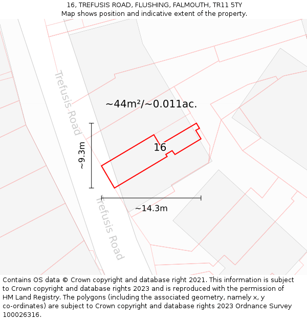 16, TREFUSIS ROAD, FLUSHING, FALMOUTH, TR11 5TY: Plot and title map