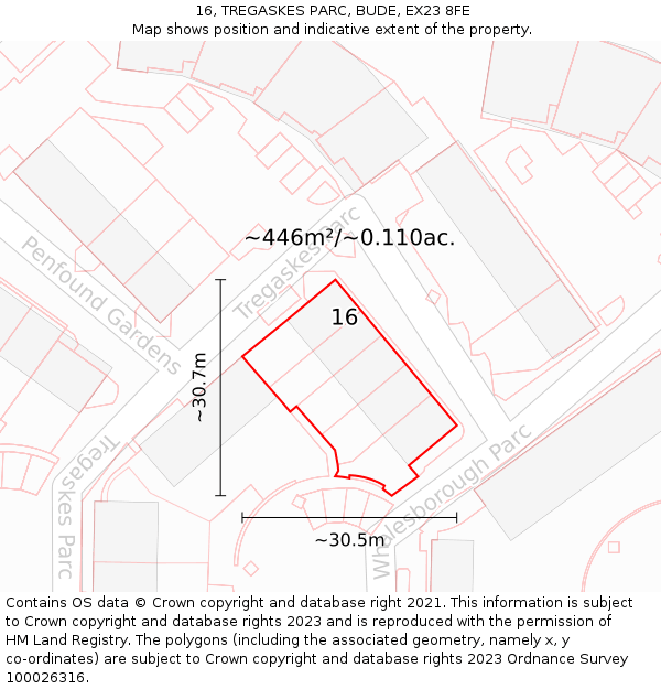 16, TREGASKES PARC, BUDE, EX23 8FE: Plot and title map