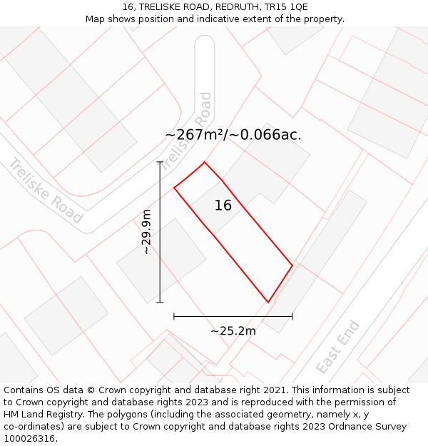 16, TRELISKE ROAD, REDRUTH, TR15 1QE: Plot and title map