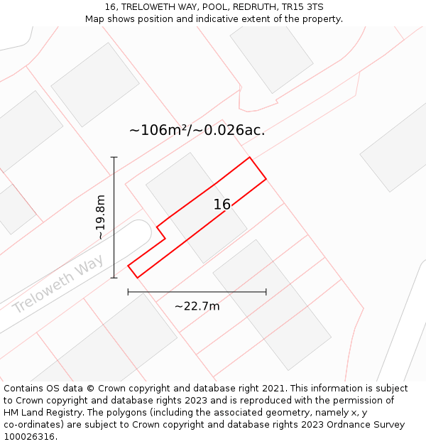 16, TRELOWETH WAY, POOL, REDRUTH, TR15 3TS: Plot and title map