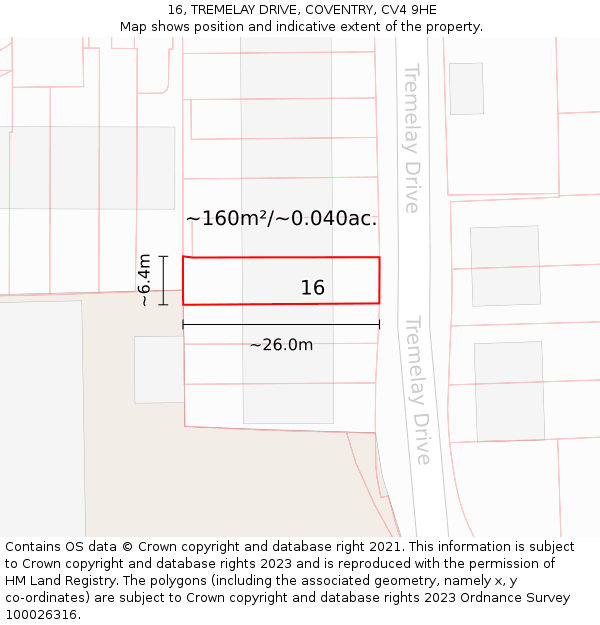 16, TREMELAY DRIVE, COVENTRY, CV4 9HE: Plot and title map