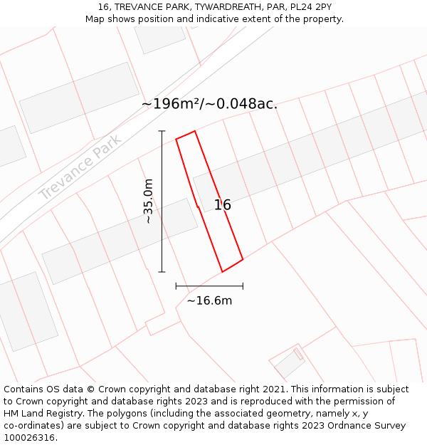 16, TREVANCE PARK, TYWARDREATH, PAR, PL24 2PY: Plot and title map