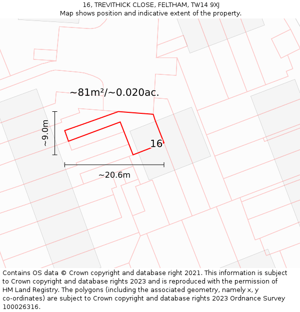 16, TREVITHICK CLOSE, FELTHAM, TW14 9XJ: Plot and title map
