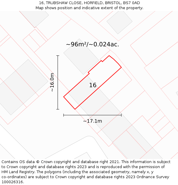 16, TRUBSHAW CLOSE, HORFIELD, BRISTOL, BS7 0AD: Plot and title map